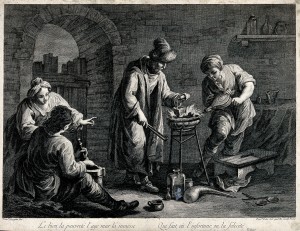 An alchemist working with his assistants at a crucible. Etch